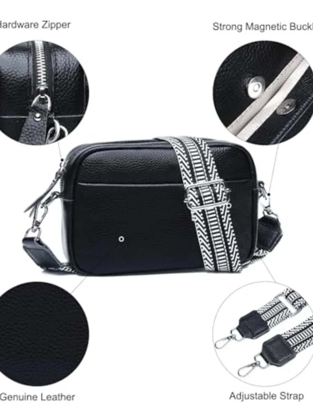 Genuine Leather Crossbody Bag with RFID Guitar Strap Small Camera Purse